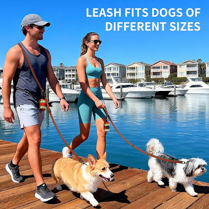 Kazazoo Hands-Free Dog Leash with Poop Bag Holder, Adjustable 4-7 Ft Waist for Dog Walking, Running for Small & Medium Dogs with Reflective Strips, Nylon Waist Belt，Red&Green