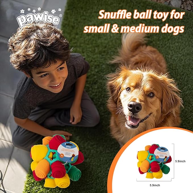 PAWISE Snuffle Ball for Dogs, Sniffle Treat Puzzle Toy, Dog Snuffle Ball Slow Feeder, Enrichment Toy for Mental Stimulation, Machine Washable for Small Medium Large Dogs (Random Color Streaks) (Small)