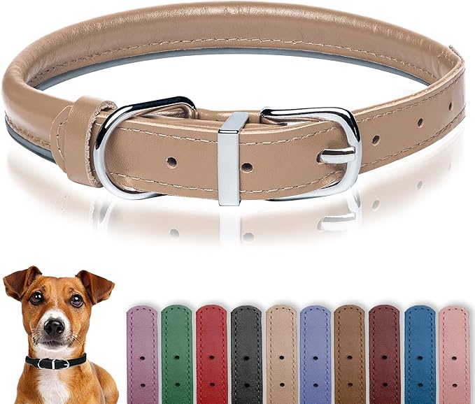 OOPSDOGGY Rolled Leather Dog Collar Reflective Roll Collars for Small Medium Large Dogs Puppy (Beige, L, 14'' - 18'')