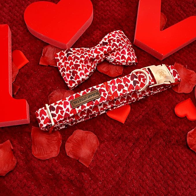 Elegant little tail Valentine's Dog Collar, Cute Red Heart Pet Collars with Bow for Small Dogs, Female or Male Adjustable Cotton Pet Collars Holiday Puppy Collar for Small Medium Large Dogs