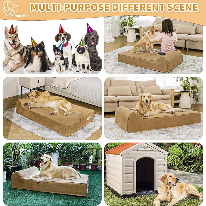 Orthopedic Dog Beds for Large Dogs, 7" Memory Foam Dog Beds with Waterproof Liner, Durable Microsuede Cover, Removable and Washable, Nonskid Bottom, 48"x30"x7" L Khaki