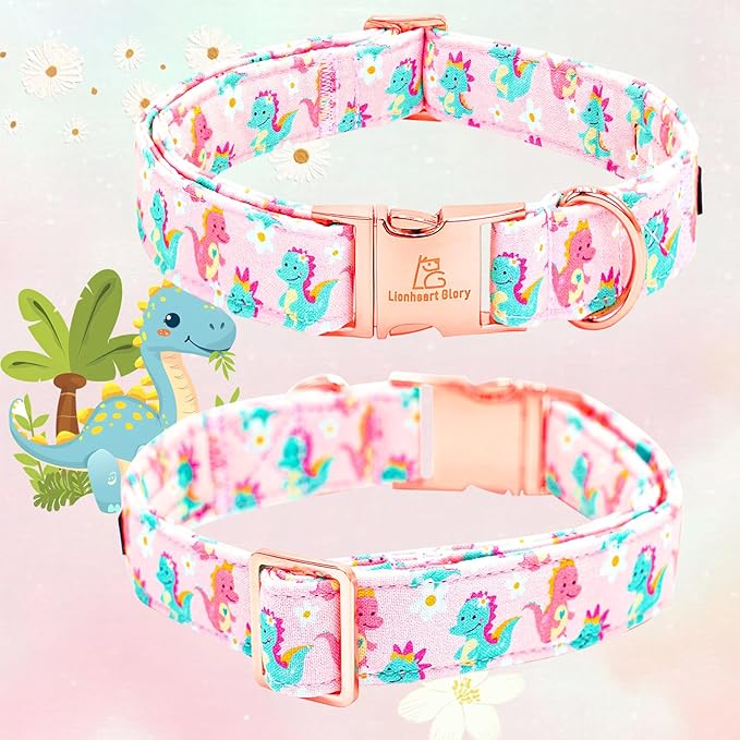 Lionheart glory Dog Collar with Flower Dinosaurs Print Collars for X-Small Dogs, Spring Summer Cute Duty Adjustable Dog Flowers Collar Puppy Collars Bows Pet Gift