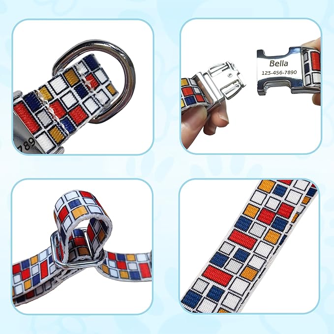 Personalized Pet Collar with Buckle | Custom Name & Number Mosaic Print | XS - L Sizes |Metal Buckle D-Ring | Adjustable Reflective Weatherproof Dog Collar for Medium and Small Dogs