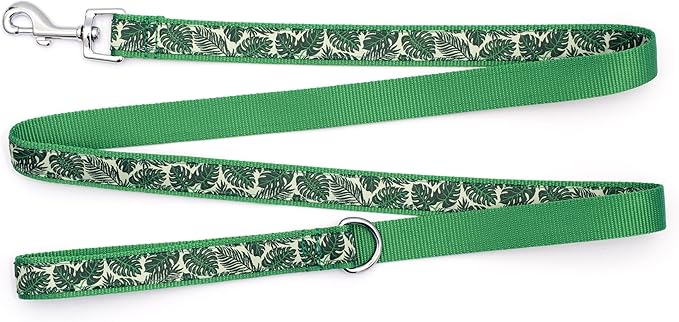 THE WORTHY DOG Tropical Leaves Patterned Nylon Leash for Dogs, Stylish, Durable, Woven Ribbon - Green, Small