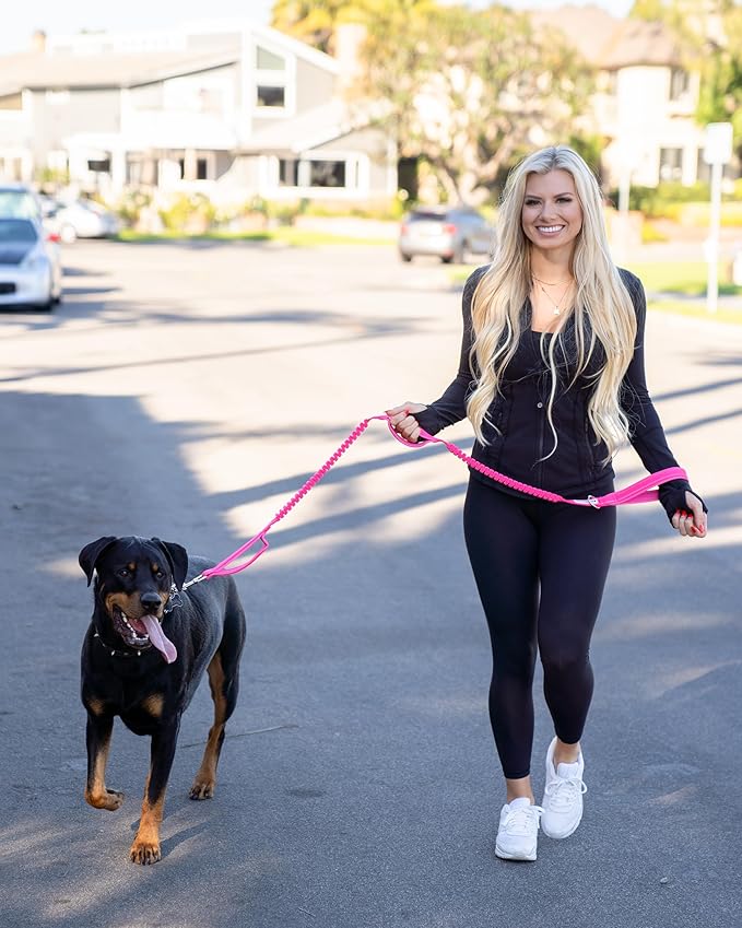Shed Defender Shock Absorbing Bungee Leash - Three Padded Traffic Handles, Designed in The USA, Stretches 4-7ft, Elastic Dog Leash, Reflective Stitching, Large Dog & Small Breed, Heavy Duty, Pink