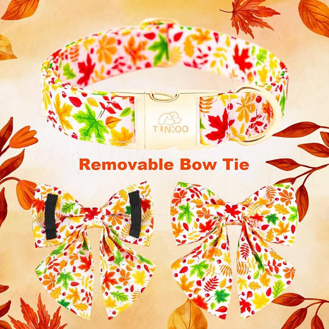 Tunkoo Fall Dog Collar with Elegant Bow Tie - Durable Adjustable Colorful and Stylish Cotton Pet Collar, Available in Small Medium Large, S