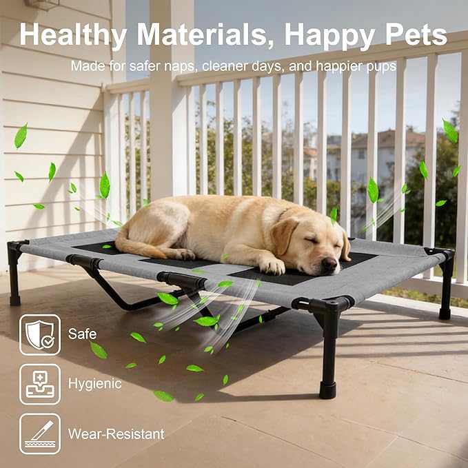 Large Dog Bed, Raised Pet Cot for Medium and Large Dogs, Cooling Breathable Mesh, Durable Sturdy Frame, Washable Cover, Portable and Easy to Assemble Indoor/Outdoor Pet Bed, Grey, L