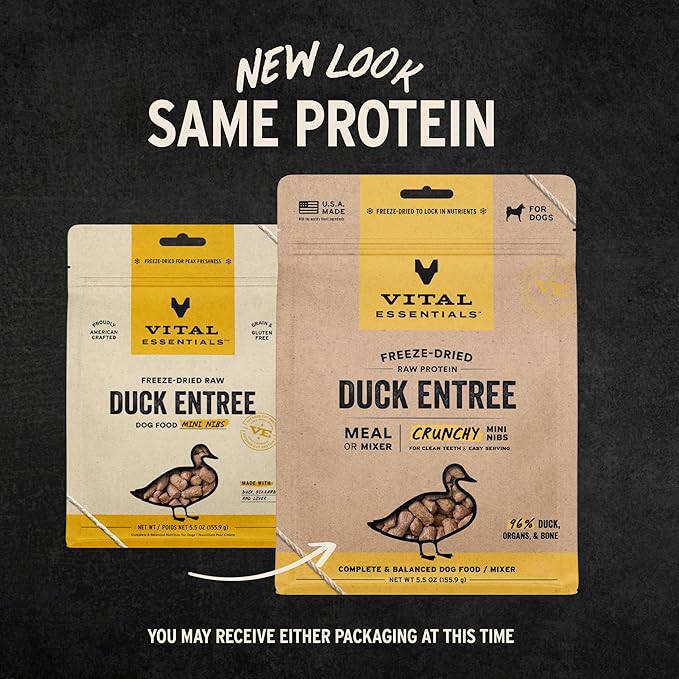 Vital Essentials Freeze Dried Dog Food, Raw Duck Crunchy Mini Nibs | Complete Meal or Mixer | High Protein, Low Carb, Grain Free, Dry Dog Food | 5.5 oz