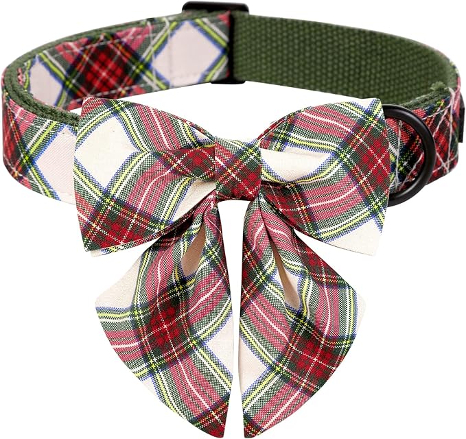 ARING PET Christmas Dog Collar, Cute Xmas Pet Collar with Sailor Bowtie Red and Green Plaid Bow Tie Collars with Metal Buckle for Puppy Small Medium Large Boy Girl Dogs-M