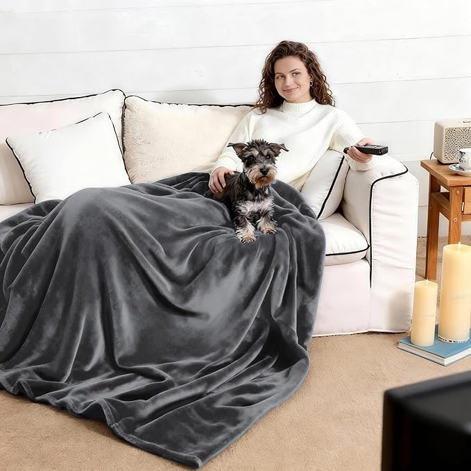 NANPIPER 100% Waterproof Blanket for Bed, Reversible Fleece Love Blanket, Spill-Proof Dog Throw for Camping, Travel, Dark Grey/Light Grey 80x90 inches