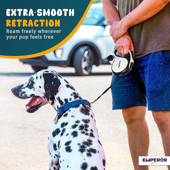 Emperor Pets 16 ft Retractable Dog Leash White - Heavy Duty Retractable Pet Leash with Anti-Slip Grip for Medium to Large Dogs up to 110 lbs -Aura BW16