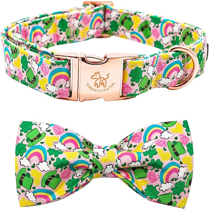 Elegant little tail St. Patrick's Dog Collar, Green Clover Print Sturdy Soft Dog Collars Pet Gift Puppy Bowtie Adjustable Pet Collars for X-Small Dogs