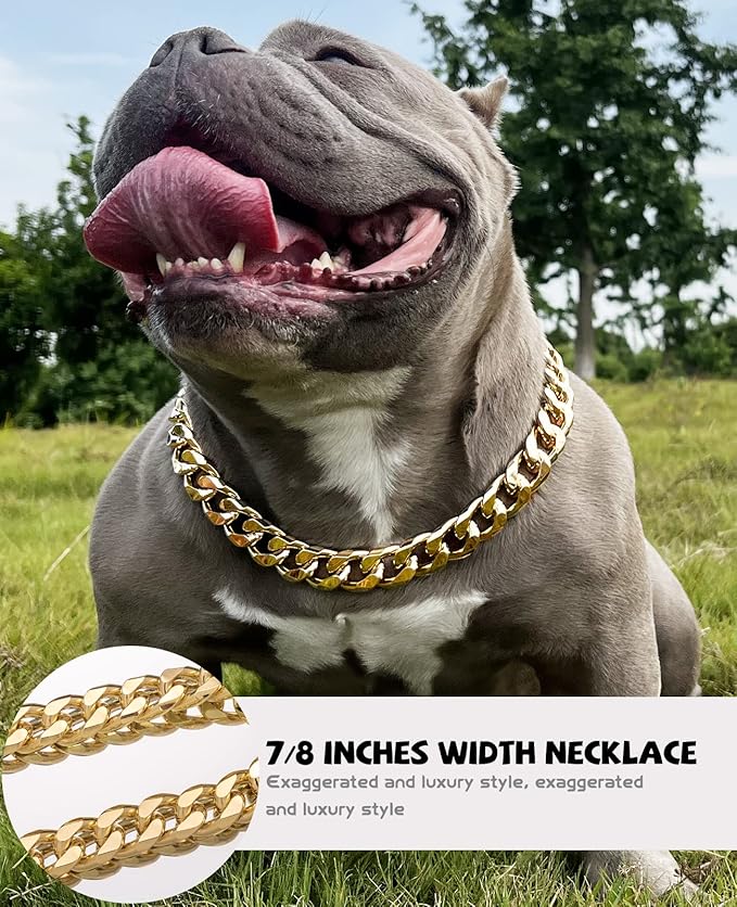 Gold Chain Dog Collar - 7/8 inch Wide Metal Cuban Link Dog Necklace with Leather Belt, Lightweight Protect Puppy's Neck, Cute Fashion Dog Jewelry Accessories 18 inches