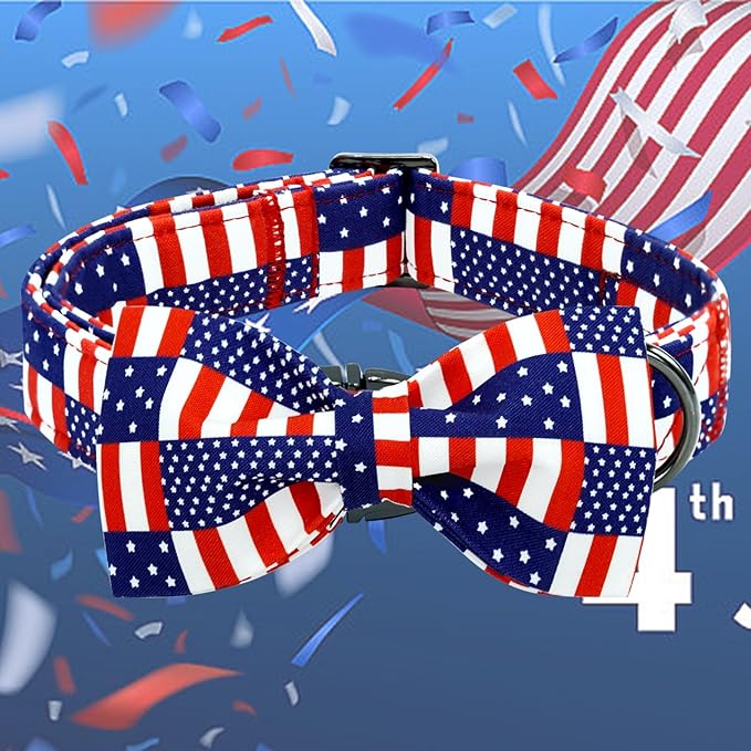 Lionheart glory American Flag Dog Collar 4 of July Independence Patriotic Dog Bow Collars Heavy Duty Adjustable Soft Collar with Bowtie for Large Dogs Pet Gift