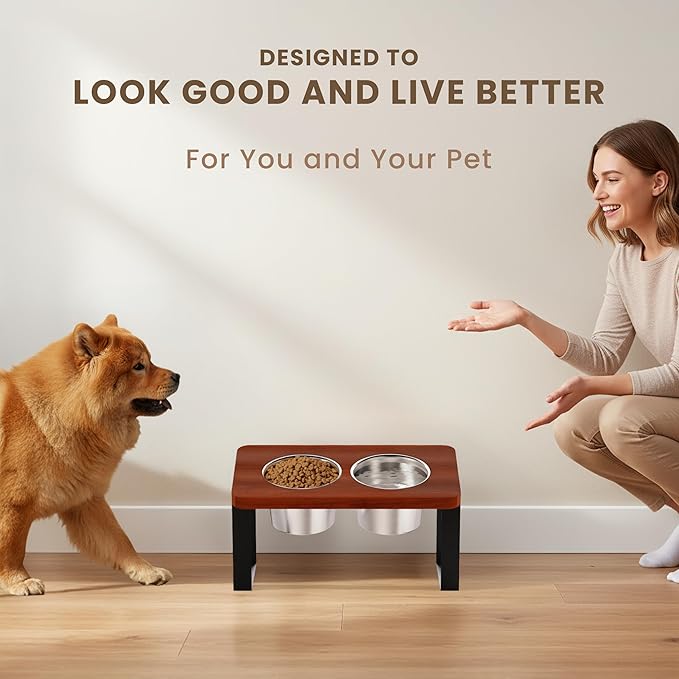 8.9" Tall Elevated Dog Bowls - Ergonomic Stainless Steel Dog Bowls with 10° Tilt in Acacia Wood Stand for Medium Breed