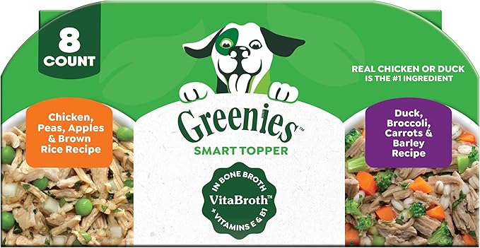 Greenies Smart Topper High Protein Wet Mix-in for Dogs, Chicken, Peas, Apples, and Brown Rice Recipe & Duck, Broccoli, Carrots and Barley Recipe Variety Pack with Whole Grains, 8 Trays of 2 oz.