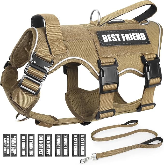 Service Dog Vest and Leash Set,Heavy Duty Tactical Dog Harness with Metal Buckles for Large Dogs,Adjustable No-Pull Dog Harness with 10 Patches,for Training Working,Brown XL
