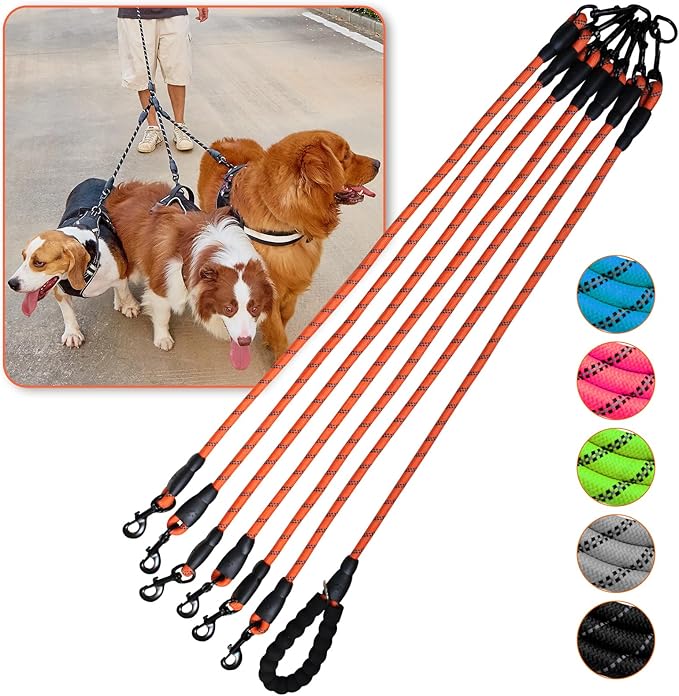 6 Way No Tangle Dog Leash - 360° Swivel Leash for Six Dogs, Reflective Design for Small Medium Large Dogs (Orange, 6 Way)