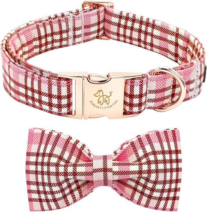Elegant little tail Dog Collar- Cute Pink Dog Collar with Bow for Large Dogs, Female Adjustable Cotton Summer Pet Bow Holiday Puppy Collar for Small Medium Large Dogs