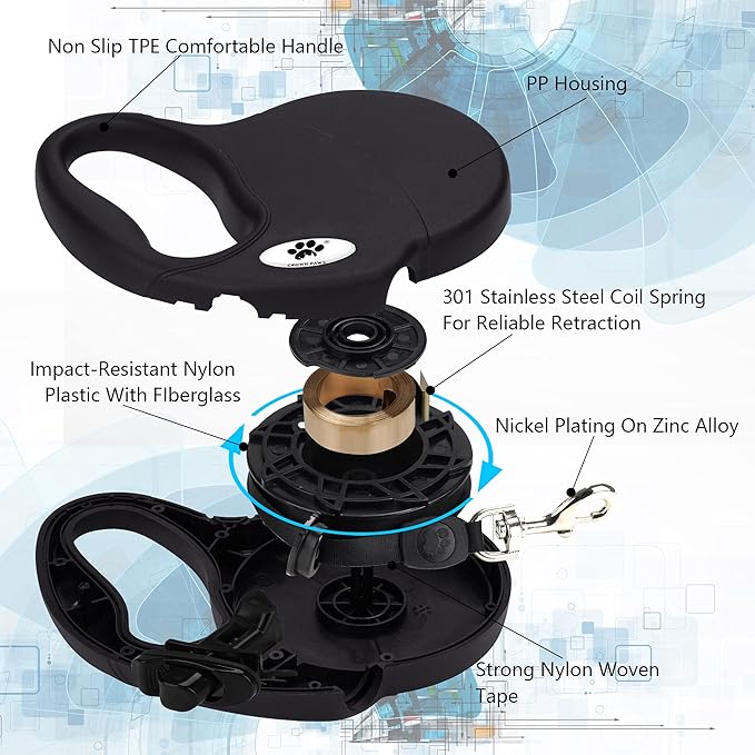 13 ft Retractable Dog Leash for Large Dogs up to 26 lbs,Tangle-Free Nylon Tape,Black S