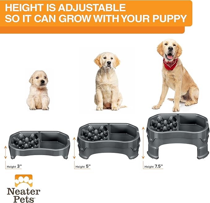 Neater Pet Brands – Neater Raised Slow Feeder Dog Bowl – Elevated and Adjustable Food Height - (Double Diner/w Metal Bowl, Gunmetal)
