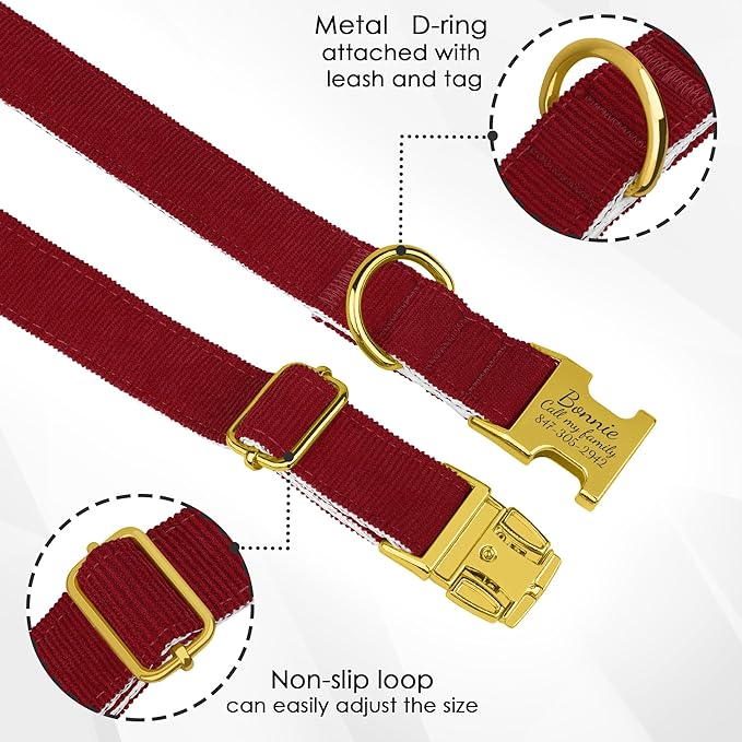Personalized Dog Collar with Gold Metal Buckle, Velvet Custom Dog Collars for Small, Medium & Large Dogs – Puppy Collars with Metal Buckle, 4 Sizes, 8 Colors (Red, M, 12"-15")