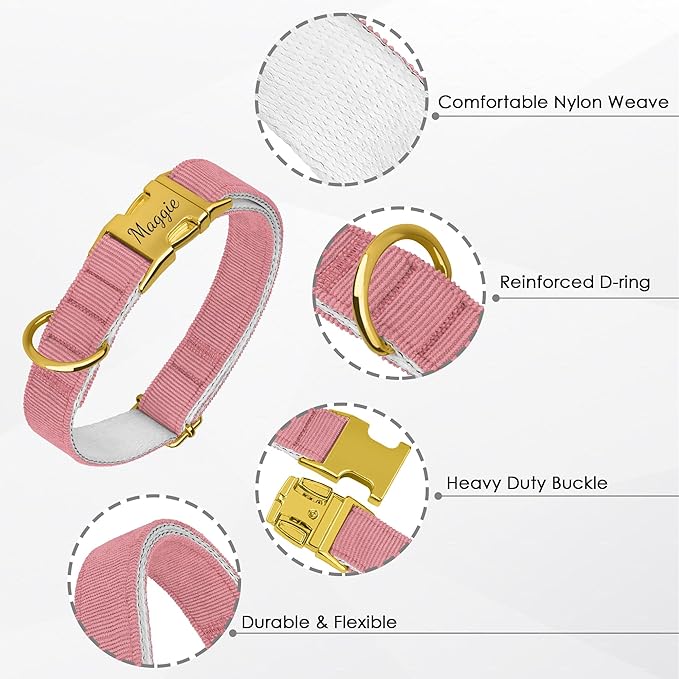 Personalized Dog Collar with Gold Metal Buckle, Velvet Custom Dog Collars for Small, Medium & Large Dogs – Puppy Collars with Metal Buckle, 4 Sizes, 8 Colors (Pink, S, 9"-12")