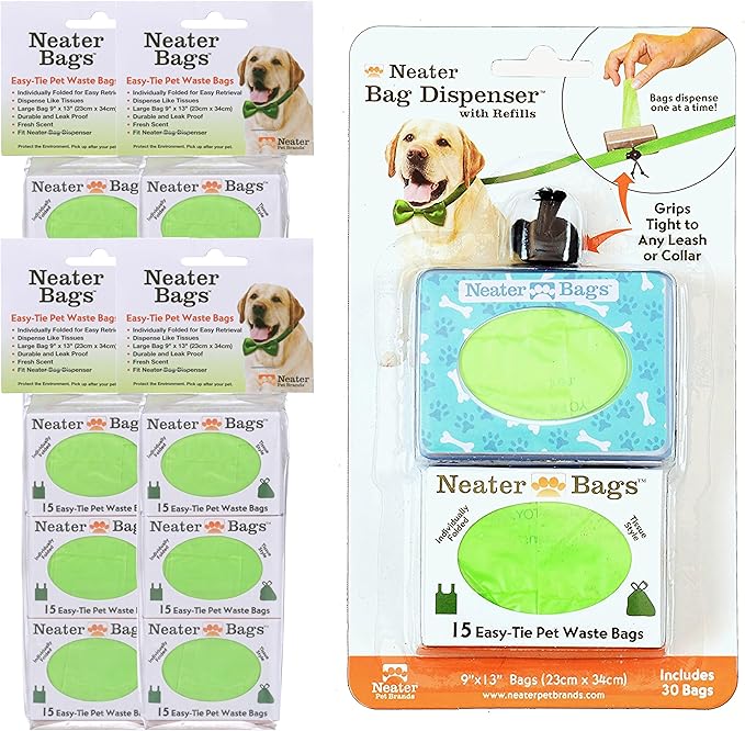 Neater Pet Brands Neater Bags Dog Waste Bag, No Rolls - Dog Poop Bags Dispense One at a Time, Doggie Poop Bag with Easy-Tie Handles, Dispenser Attaches to Any Leash (210 Count, Blue Bone & Paw Print)