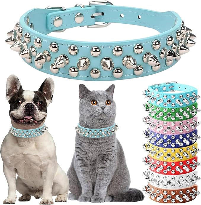 Dog Collar with Spikes, Male Spike Puppy Collars PU Leather Mushrooms Rivet Boy Studded Cat Collars Adjustable for XXS XS Medium Large Dogs, Light Blue, M