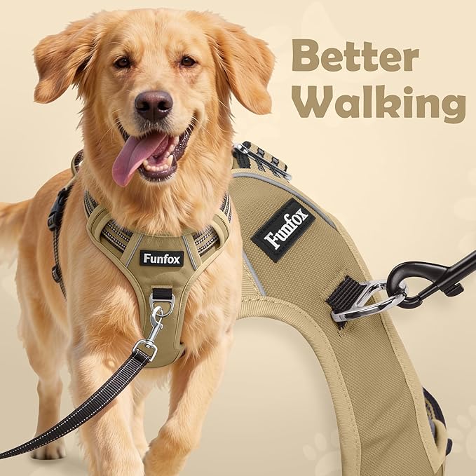 Funfox Dog Harness No Pull, Adjustable Pet Vest Harness, Super Soft Material with Vertical Handle Easy Control, Reflective Night Walking, 2 Leash Clips for XLarge Dogs, Brown, XL