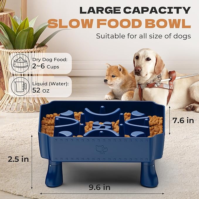UPSKY Slow Feeder Dog Bowl, 2-in-1 Raised Dog Bowl with Anti-Choking Maze Puzzle, 2-6 Cups Pet Food for Small & Medium Breeds, Interactive Pet Feeder to Slow Eating, Reduce Boredom Blue