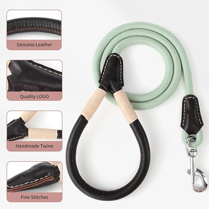 Mile High Life Genuine Leather Wrapped Handle Dog Leash, w Heavy Duty Clasp Rope Leash for Small Medium Large Dogs (Green, 6FT)