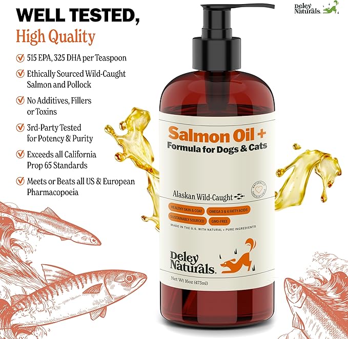 Deley Naturals Wild Alaskan Salmon Oil for Dogs & Cats - New and Improved Salmon Oil Plus Formula - Fish Oil for Dogs with Omega 3, DHA and EPA - Omega 3 for Healthy Skin and Coat - 16oz Made in USA