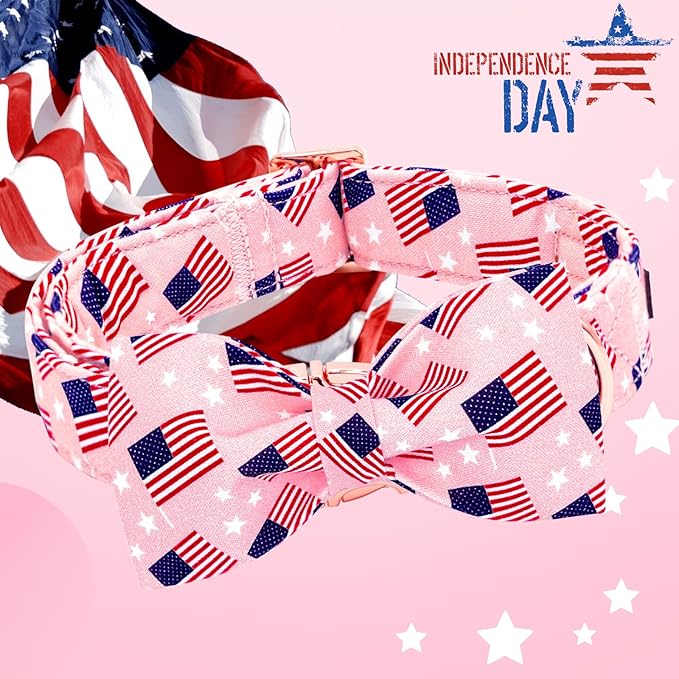 Lionheart glory American Flag Dog Collar 4 of July Independence Patriotic Dog Bow Collars Heavy Duty Adjustable Soft Collar with Bowtie for Medium Dogs Pet Gift