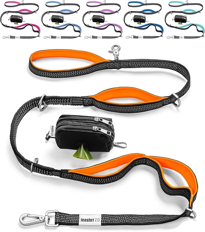 No Pull Dog Leash for Large Dogs – 6ft Highly Reflective Bungee, Heavy Duty Leash for Large Dogs, 4 Padded Handles, Strong Carabiner Clip & Rings, Includes Poop Bag Holder & Treat Pouch (Orange)
