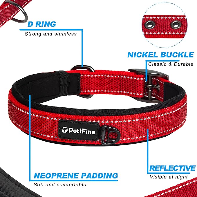 PetiFine Dog Collar with Metal Buckle, Heavy Duty Dog Collar with Soft Neoprene Padded, Adjustable Reflective Nylon Dog Collars for Small Medium Large Dogs, Red,S