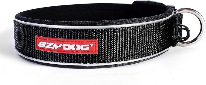 EzyDog Neo Dog Collar - Waterproof & Reflective Dog Collar with Soft Padded Neoprene for Comfort & Durable Nylon – Features Quick Release Buckle and Built-in ID Clip (Medium, Black)