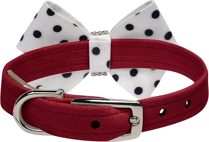 Susan Lanci Designs Ultrasuede Premium Dog Collar with Nouveau Bow, Red, XX-Small