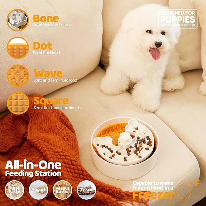 Puzzle Feeder Slow Feeder Dog Bowl, Rich Texture Lick Mat, Enrichment Puppy Feeder for Small Dogs, 4 Modes, 3 Detachable Parts, Adjustable Feeding Speeds