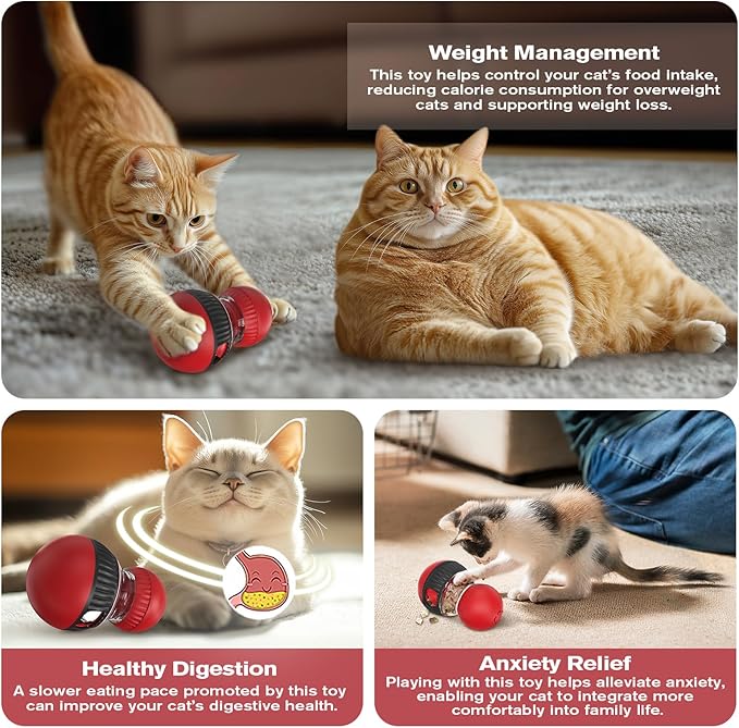 Cat Interactive Toys with Squeaky Sound for Indoor Cats Tracking Rolling Ball Adjustable Kitten Treat Dispensing Food Dispenser Slow Feeder Kitty Puzzle Toy Pet Supplies Birthday Gift