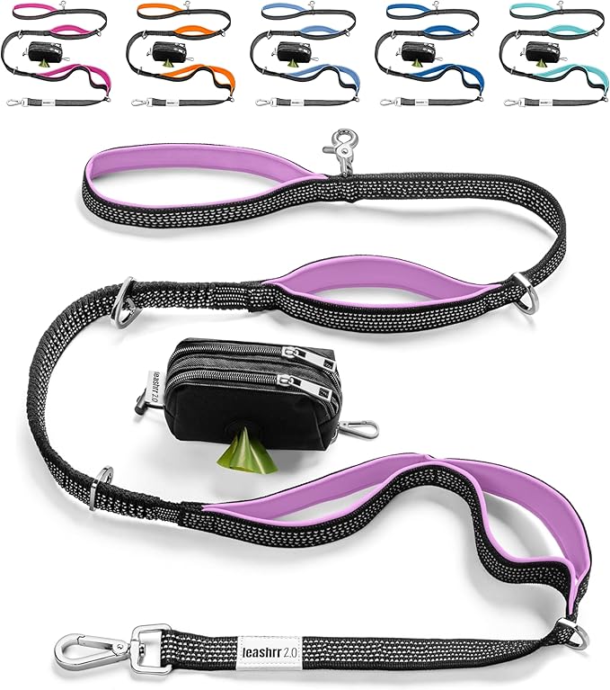 No Pull Dog Leash for Large Dogs – 6ft Highly Reflective Bungee, Heavy Duty Leash for Large Dogs, 4 Padded Handles, Strong Carabiner Clip & Rings, Includes Poop Bag Holder & Treat Pouch (Purple)