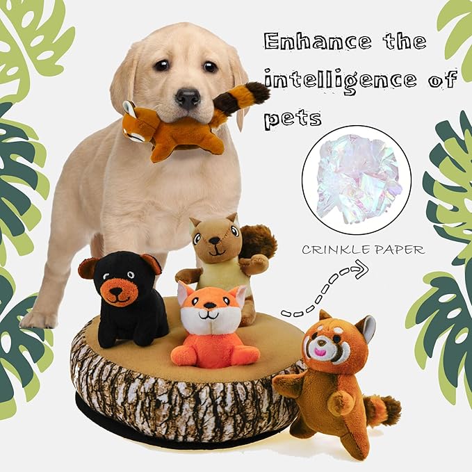 Dog Hide and Seek Toys Puppy Chew Squeaky Toys Plush Mushroom&Bamboo&Shell Hideout Stuffing with Squeakers Animals (Trunk Hideout with 4 Animals)