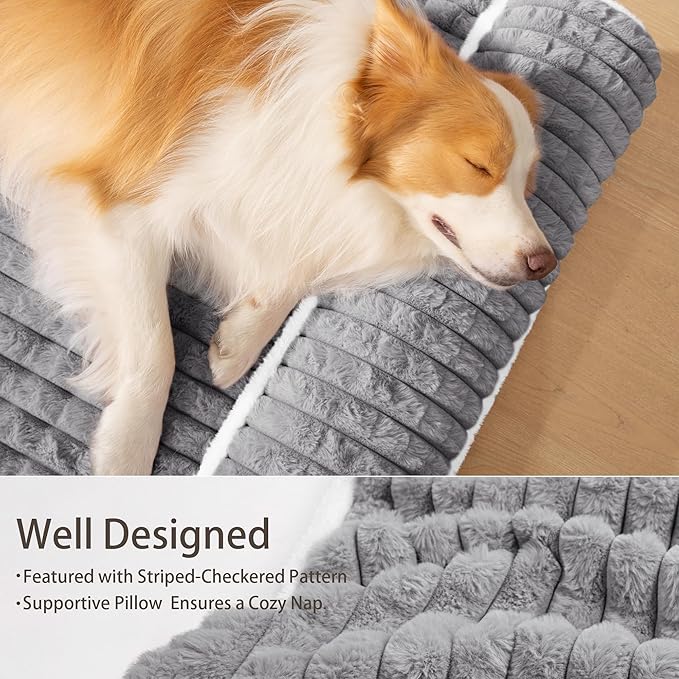 Orthopedic XL Dog Bed Large Sized Dog with Pillow 42''X28'', Waterproof Soft Comfortable Egg Crate Foam Pet Crate Beds Mat with Removable Washable Cover and Non-Slip Bottom, Grey