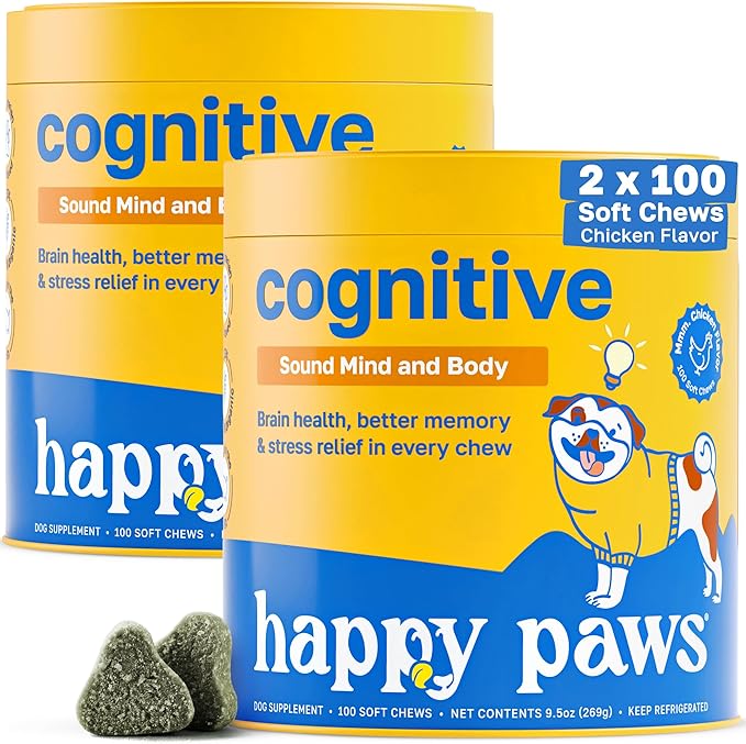 Happy Paws Cognitive Supplement for Dogs, Chicken Soft Chews with Taurine, Spirulina, CoQ10 & Vitamins B1, B3, B12, Supports Cognitive Function, Memory and Focus, Chews for Small to Large Dogs