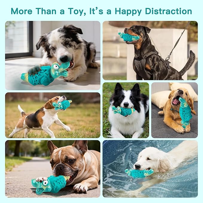 FurtasticiFinds Dog Chew Toys for Aggressive Chewers, Tough Squeaky Dog Toy for Large Medium Dogs, Bacon Flavor Nylon & Natural Rubber, Dental Care Interactive Dog Toys to Reduce Boredom, Teal