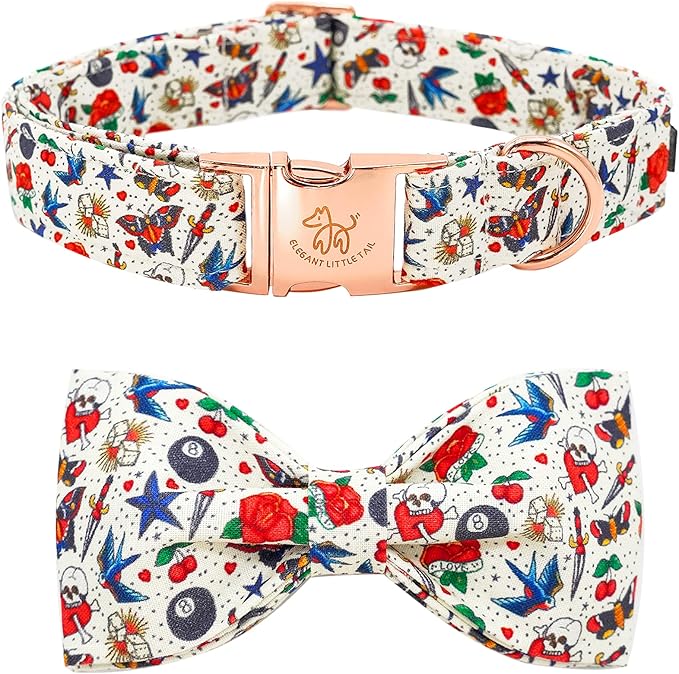Elegant little tail Valentine's Dog Collar, Rose Print Dog Collar Cute Girl or Boy Puppy Collars Bowtie Pet Gift Adjustable Pet Collars for X-Small Dogs