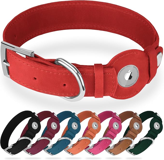 Leather Dog Collar with Airtag Holder - Apple Air Tag Dog Collars - Soft Tracking GPS Pet Collar for Small Medium Large Dogs Breed Puppy (Red, XL, 19"-24" Neck Fit)