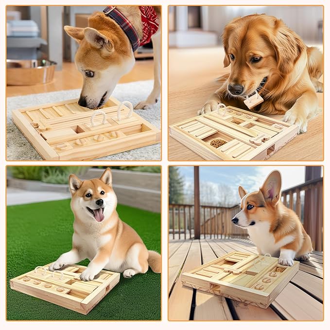 LOOBANI Dog Puzzle Toys Wooden: Slow Feeder Interactive Toys - Mental Brain Stimulation, Treat Dispensing & Entertainment/Food Slow Feeder for Small to Large Dogs - Square Slide Puzzle Toy