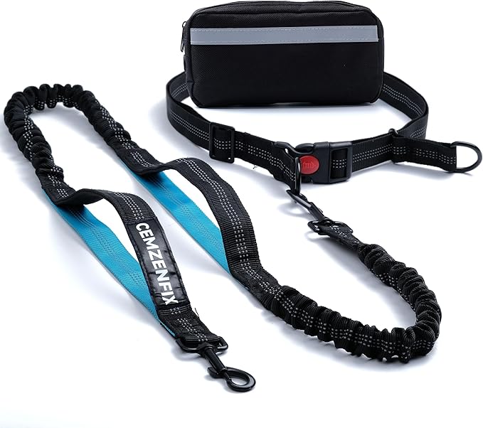 Hands Free Dog Leash with Waist Belt – No-Pull Bungee, Dual Padded Handles & Zipper Pouch for Running, Walking & Training – Adjustable Waist Leash for Large & Medium Dogs