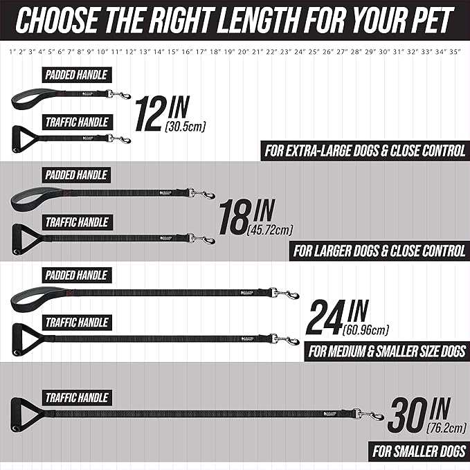 Traffic Handler - Short Dog Leash with Traffic Handle for Large Dogs - Made in USA - Great for Double Dog Couplers, Service Dogs, and Training (18 Inch, Classic Black)